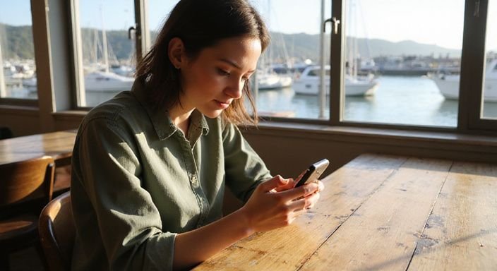 Een vrouw in een café kijkt naar een datingapp op haar smartphone. Een vrouw in een café kijkt naar een datingapp op haar smartphone.